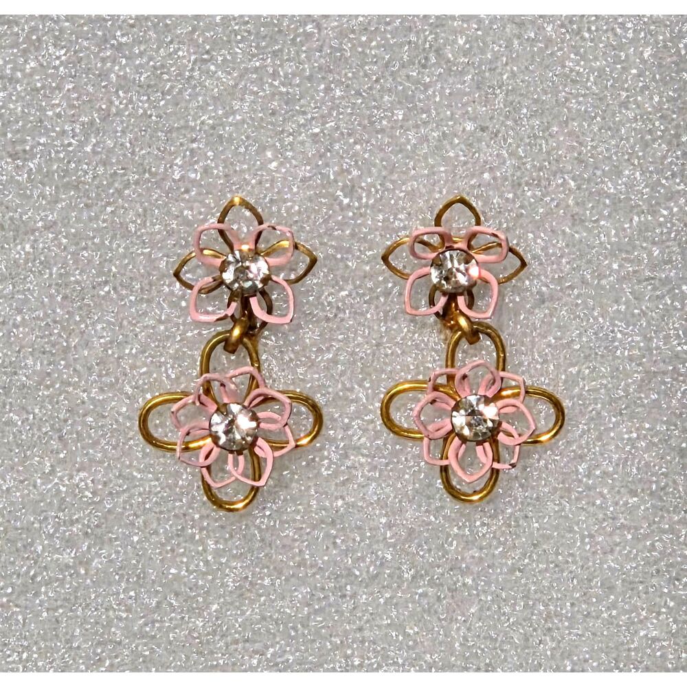 Vintage Kramer of NY Pink Enamel Flower Dangle Rhinestone Screw Back Earrings